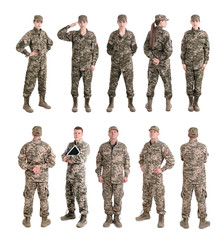 Set with soldiers on white background. Military service