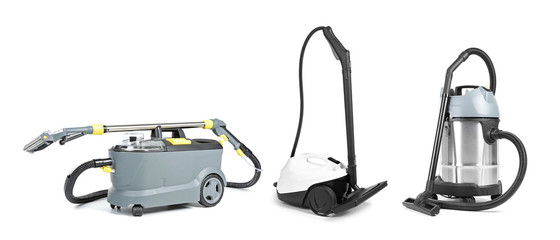 Set with modern professional carpet cleaners on white background