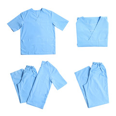 Set with medical uniforms on white background