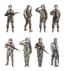 Set with soldiers on white background. Military service