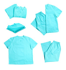 Set with medical uniforms on white background