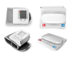 Set with blood pressure meters on white background. Medical objects