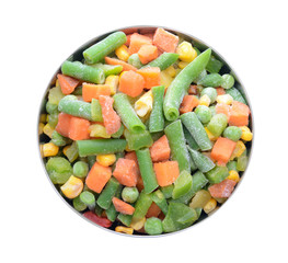 Bowl with frozen vegetables on white background