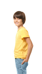 Obraz premium Smiling little boy in t-shirt on white background