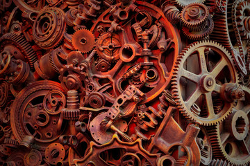 Fototapeta premium Steampunk background, machine parts, large gears and chains from machines and tractors.