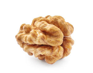 Peeled tasty walnut on white background