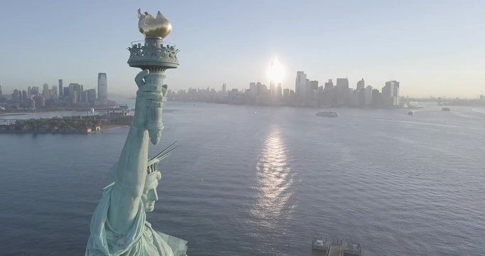 Filmed prior to the ban in 2017. Statue of Liberty New York City early morning. 1080p log colour color.