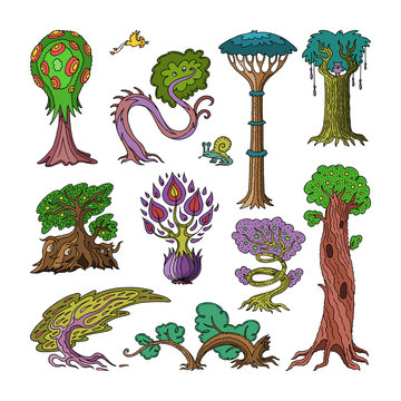 Magic tree vector fantasy forest with cartoon treetops and magical plants or fairy flowers illustration forestry set of colorful mystery curve oak isolated on white background