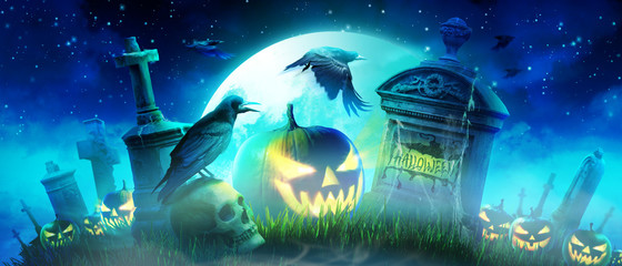 Halloween Motiv mit Kürbisen auf dem Friedhof