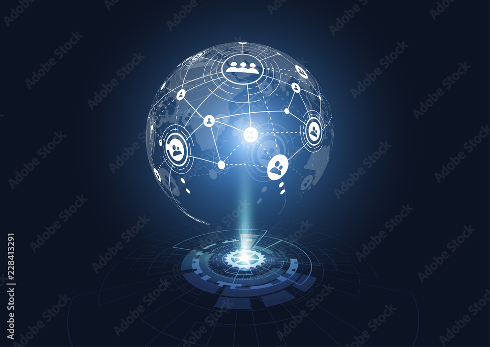 Poster holograms technological global network connection. world map point and line composition concept of c