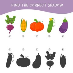 Educational  game for children. Find the right shadow. Kids activity with cartoon vegetables.