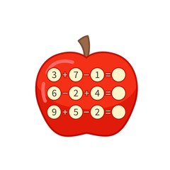 Counting educational children game, math kids activity sheet.  Cartoon apple.