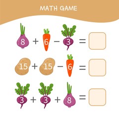 Counting educational children game, math kids activity sheet.  Cartoon vegetables.