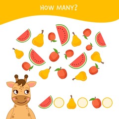 Counting educational children game, math kids activity sheet. How many objects task. Cartoon giraffe and fruits.