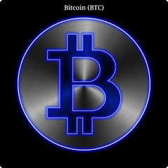Metal Bitcoin (BTC) coin witn blue neon glow.