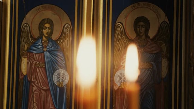 Painted wooden doors into the altar of an Orthodox Church. 
Eastern Europe, cca. 2017