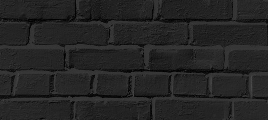 Dark black and gray horizontal brick wall. Vintage uneven textured surface on a building in the city. Urban background in grayscale. Black painted bricks.