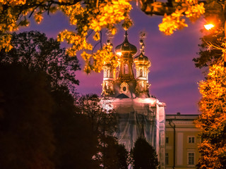 Saint Petersburg. Autumn. Russia. Pushkin City. Trees with red leaves. Tsarskoe Selo. Museums of...
