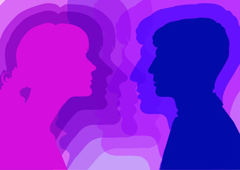 Interaction of genders. Male and female profile, the concept of communication.