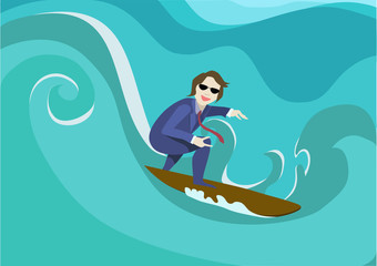 Businessman on surf. businessman catches the wave. Concept of startup business, 