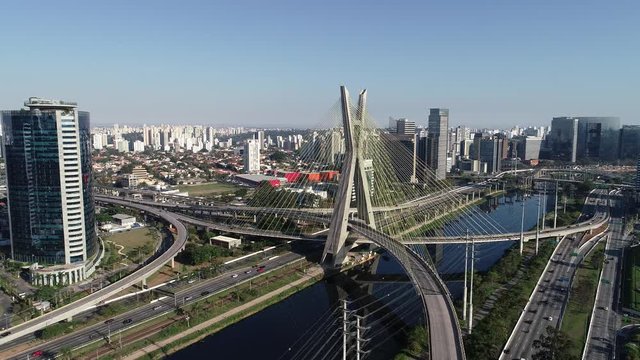 Famous cable-stayed bridge at Sao Paulo city. Brazil. Aerial view of Octavio Frias de Oliveira Bridge in Sao Paulo city. Estaiada bridge in Sao Paulo.