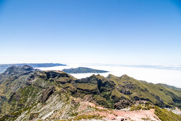 Fototapeta na wymiar Top point of Pico Ruivo view on sky the highest mountain of Madeira island. Madeira best island Europe destination