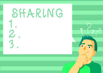 Writing note showing Sharing. Business photo showcasing have portion of something with another or others give portion.