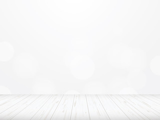 Wood floor perspective with light blurred bokeh background used for montage or display product. Vector.
