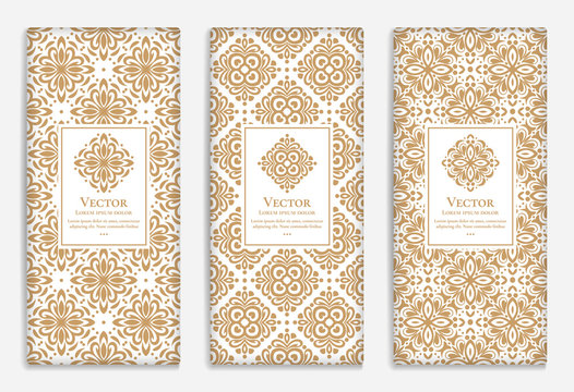 Luxury golden packaging design of chocolate bars. Vintage vector ornament template. Elegant, classic elements. Great for food, drink and other package types. Can be used for background and wallpaper. 
