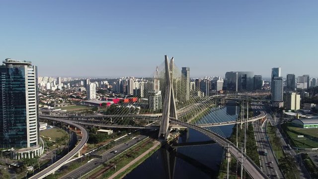 Famous cable-stayed bridge at Sao Paulo city. Brazil. Aerial view of Octavio Frias de Oliveira Bridge in Sao Paulo city. Estaiada bridge in Sao Paulo.
