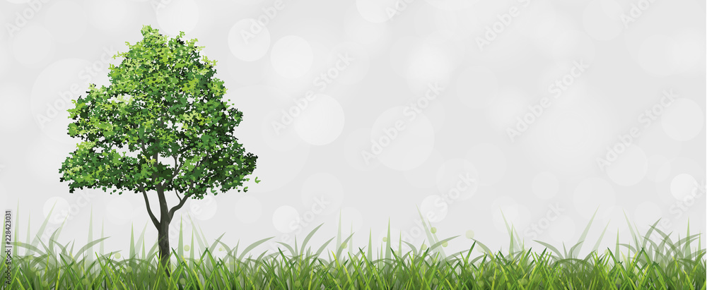 Poster tree in green field with bokeh background. vector.