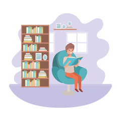 Man with book in livingroom avatar character