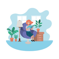 woman with book in livingroom avatar character