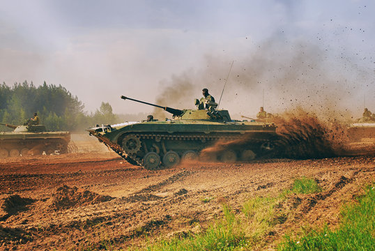 Infantry fighting vehicle BMP-2 is preparing to participate in the parade. Training, Fighting vehicle, Belarussian army.