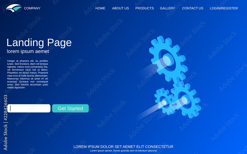 Aufkleber website landing page vector template. blue vector background with abstract isometric cogwheels illus