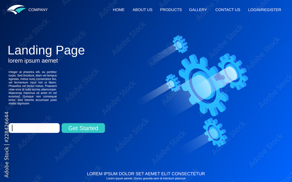 Poster website landing page vector template. blue vector background with abstract isometric cogwheels illus