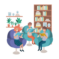 group of people with book in livingroom avatar character 