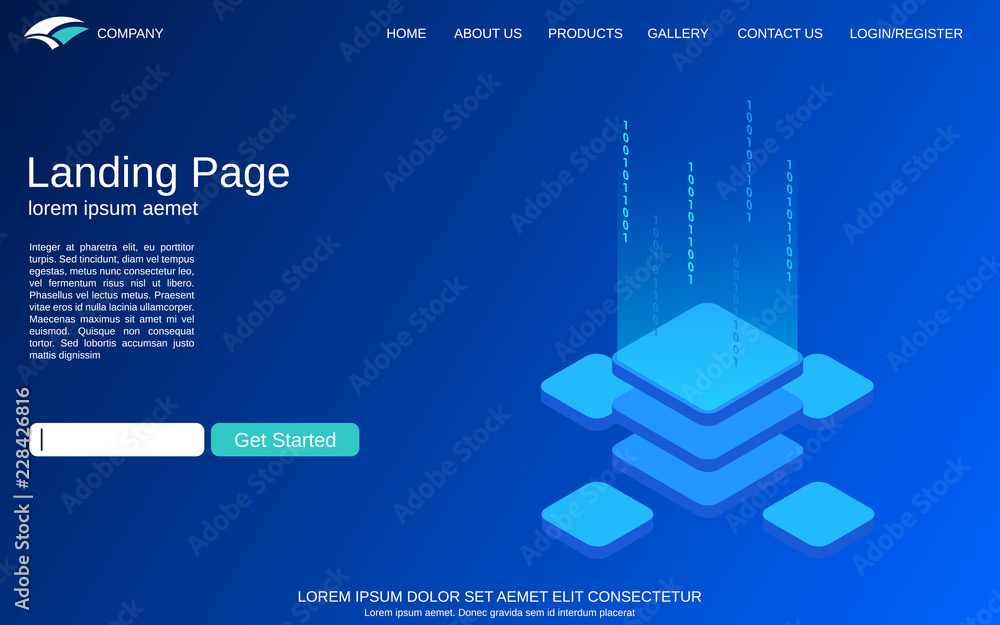 Poster website landing page vector template. blue background with digital technology isometric comcept illu