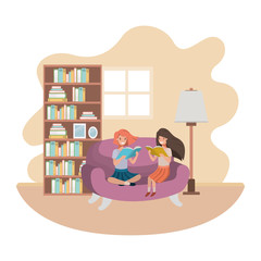 women with book in livingroom avatar character