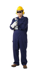 portrait of a worker in Mechanic Jumpsuit is holding a wrench isolated on white background