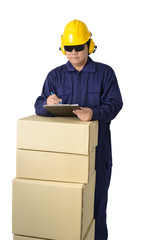 worker in Mechanic Jumpsuit with stack of boxes and Checking Products isolated on white background