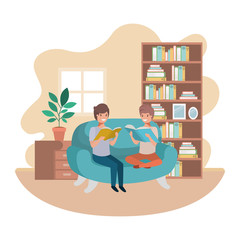 men with book in livingroom avatar character