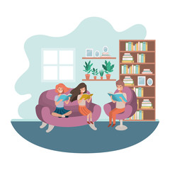 group of people with book in livingroom avatar character 
