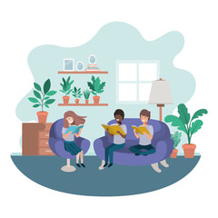 group of people with book in livingroom avatar character 