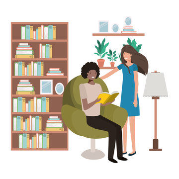 couple with book in livingroom avatar character