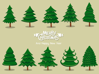 Set Christmas tree icon on color background. Merry Christmas and happy new year. Gift and decorative element on holiday. Vector cartoon Illustration.