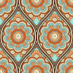 Seamless pattern with ethnic mandala ornament. Hand drawn illustration