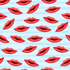 Seamless pattern red lips on striped background