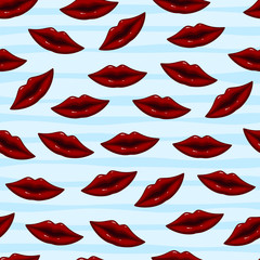 Seamless pattern red lips on striped background