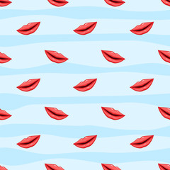 Seamless pattern red lips on striped background